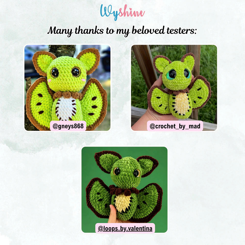 Pattern tester Kiwi Bat crochet creation showing a finished version of the fruit bat amigurumi design