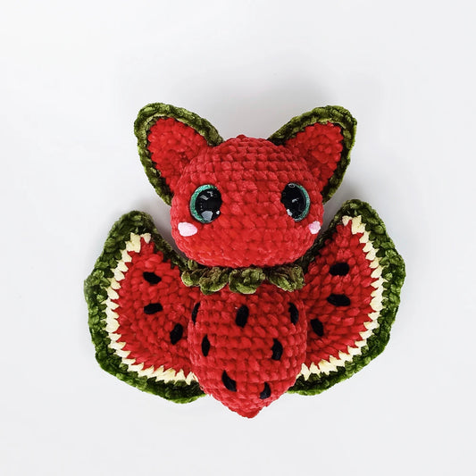 Watermelon Bat Crochet Pattern with pink and green watermelon-slice wings, leafy collar and big bat ears