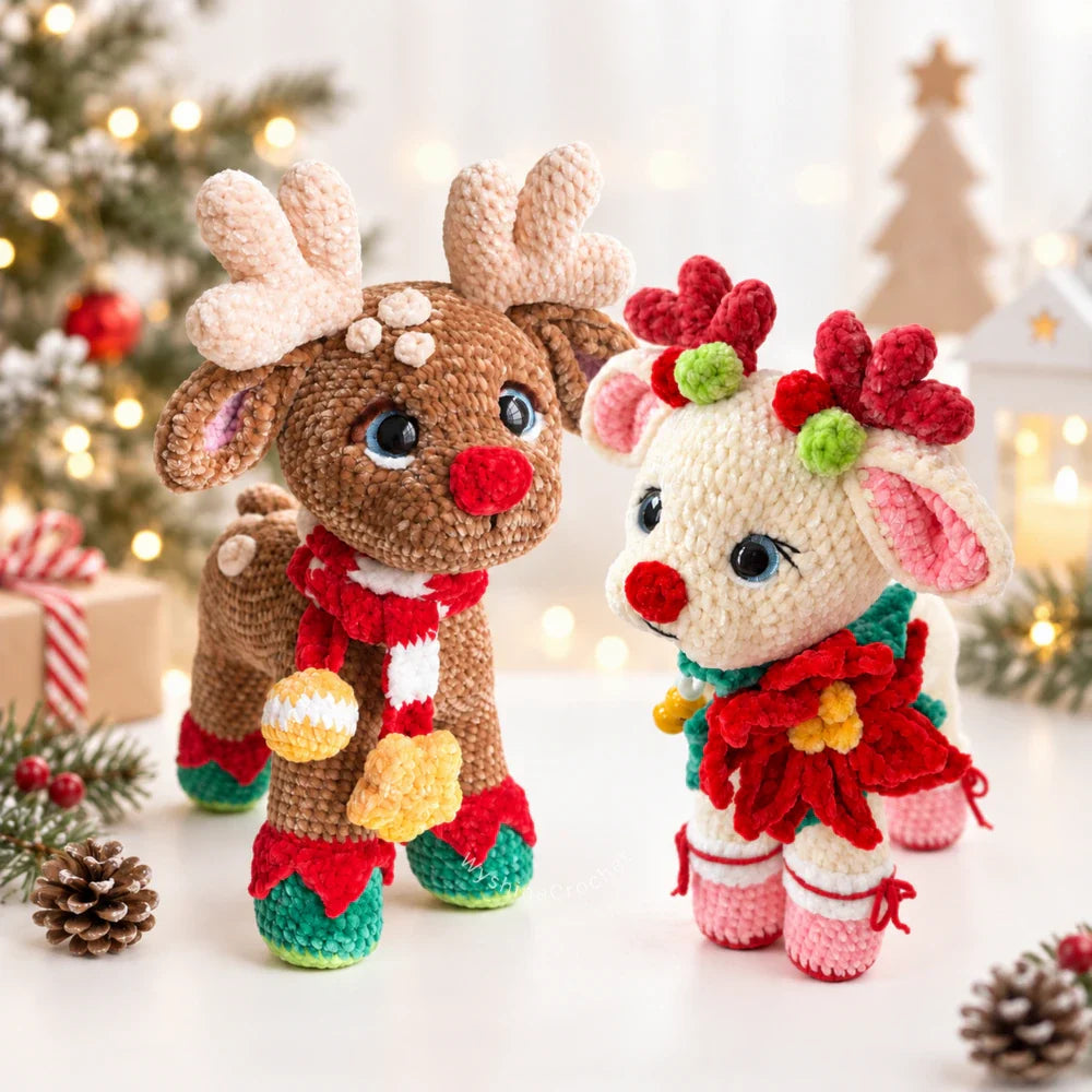 Couple Reindeer crochet pattern by WyshineCrochet featuring Flower Reindeer and Chestnut Reindeer amigurumi together in a cozy Christmas woodland theme.