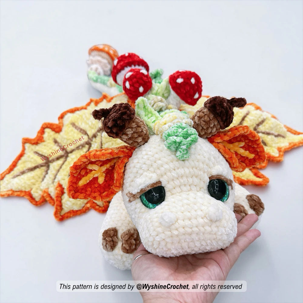 Cozy Halloween crochet pattern for a fantasy dragon plushie, autumn shelf decor, handmade gift, and crochet market prep
