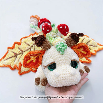 Cozy Halloween crochet pattern for a fantasy dragon plushie, autumn shelf decor, handmade gift, and crochet market prep
