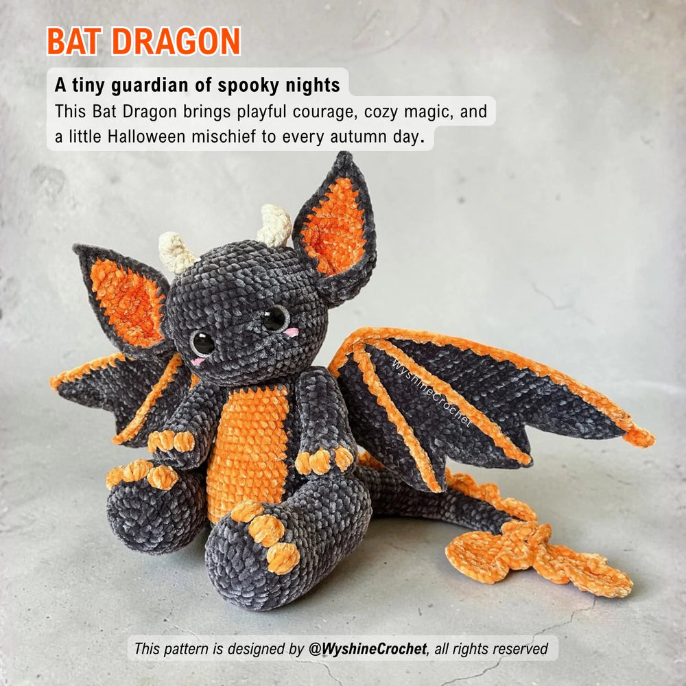 Halloween crochet pattern featuring a grey and orange bat dragon amigurumi plushie for cozy fall decor and handmade gifts