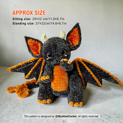  Spooky cute Bat Dragon crochet plushie with large bat wings, oversized ears, tiny horns, movable limbs, and soft chenille texture
