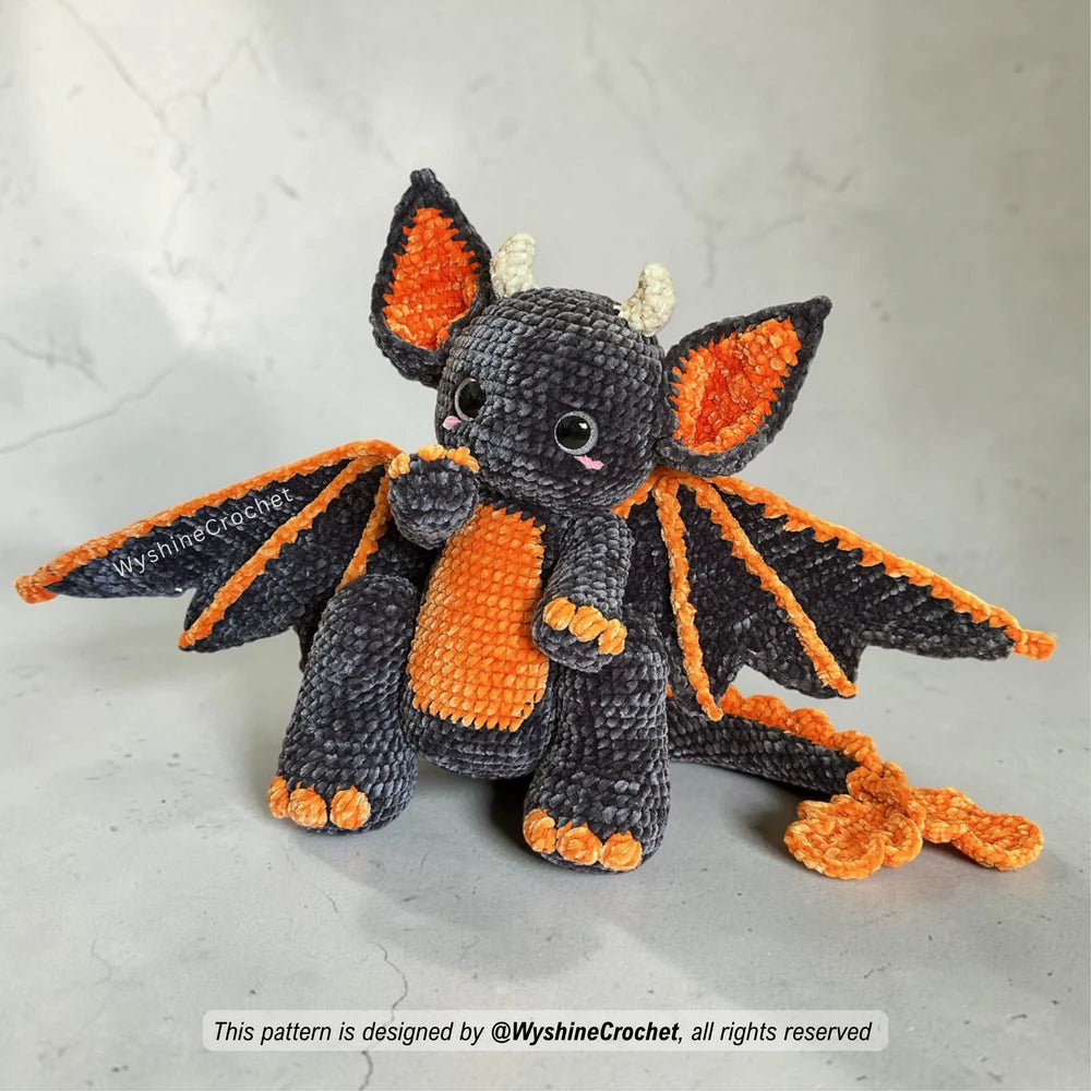 Cozy fall crochet pattern for a spooky cute bat dragon plushie, Halloween decoration, fantasy gift, and crochet market prep
