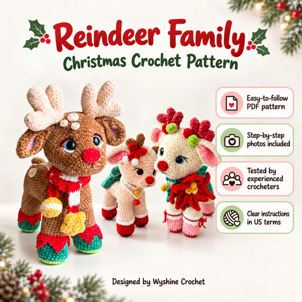 Christmas Reindeer Family Crochet Pattern Bundle easy to follow step by step photos included