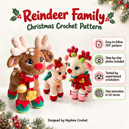 Christmas Reindeer Family Crochet Pattern Bundle easy to follow step by step photos included