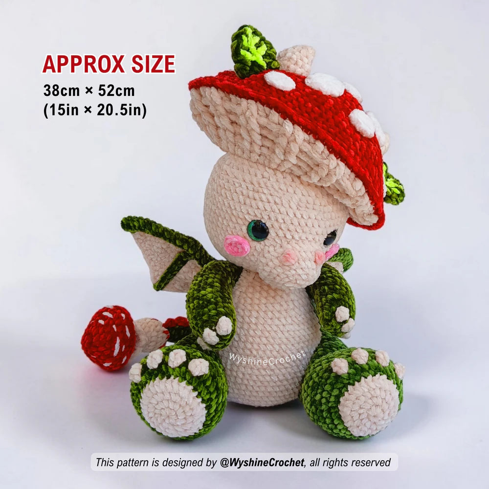 Finished Baby Mushroom Dragon crochet pattern size, approx. 52 cm long and 38 cm tall using chenille yarn
