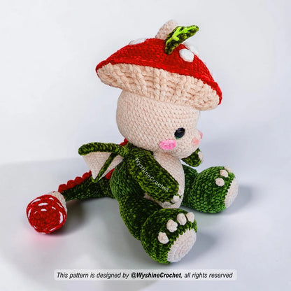 Cozy fall dragon crochet pattern featuring a baby mushroom dragon with soft forest-inspired details