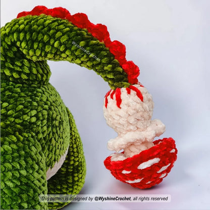 Cute baby mushroom dragon amigurumi with leaf ears, tiny horns, soft wings, and magical woodland details