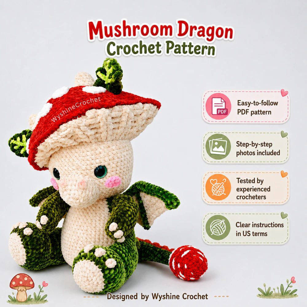 Baby Mushroom Dragon crochet pattern feature image with detailed instructions, easy-to-follow steps, and many guide photos