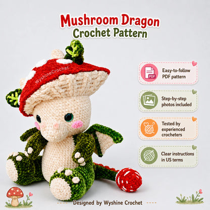 Baby Mushroom Dragon crochet pattern feature image with detailed instructions, easy-to-follow steps, and many guide photos