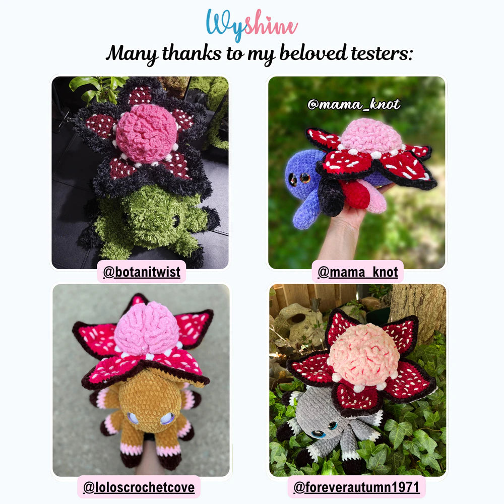 Tester showcase for Brain Flower Spider Crochet Pattern with colorful spooky cute spider versions made by multiple crochet testers
