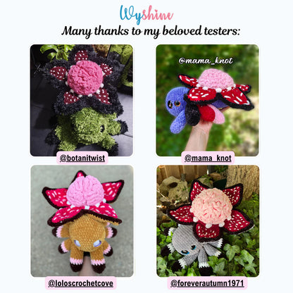 Tester showcase for Brain Flower Spider Crochet Pattern with colorful spooky cute spider versions made by multiple crochet testers