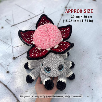 Brain Flower Spider Crochet Pattern size reference, finished plushie approximately 30 cm by 39 cm

