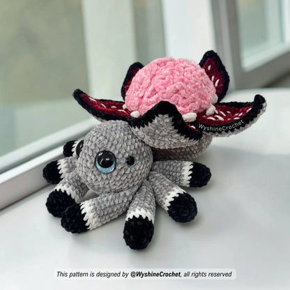  Materials for Brain Flower Spider Crochet Pattern including chenille yarn, 16 mm and 30 mm safety eyes, 5 mm hook, and fiberfill