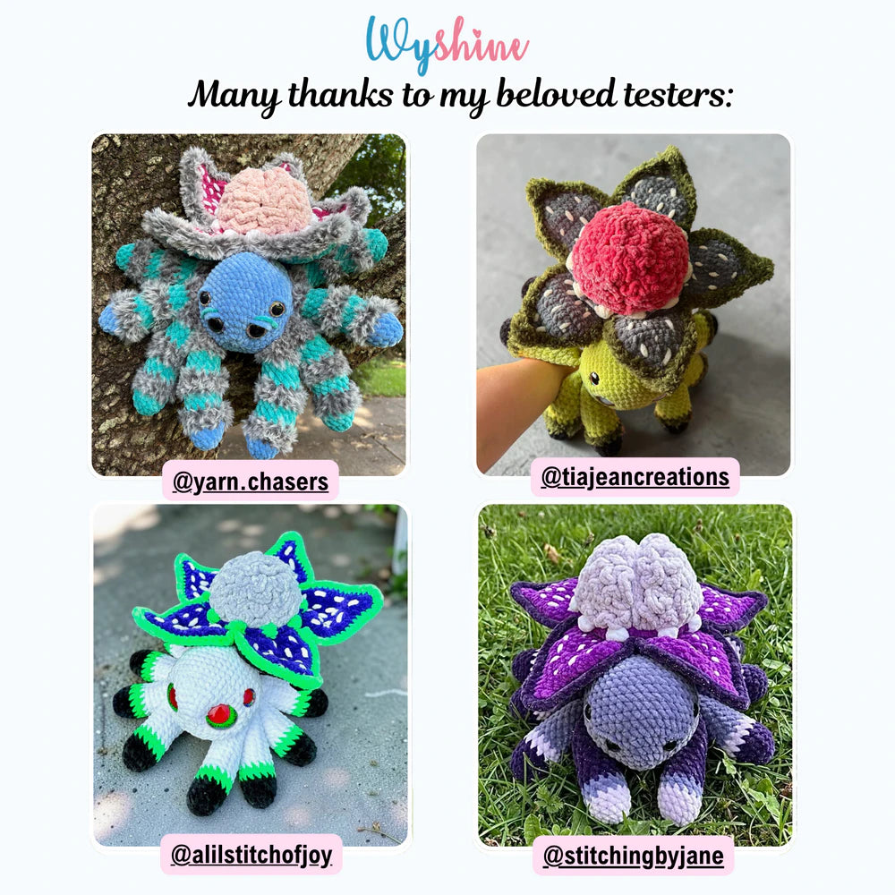 Tester showcase for Brain Flower Spider Crochet Pattern with colorful spooky cute spider versions made by multiple crochet testers