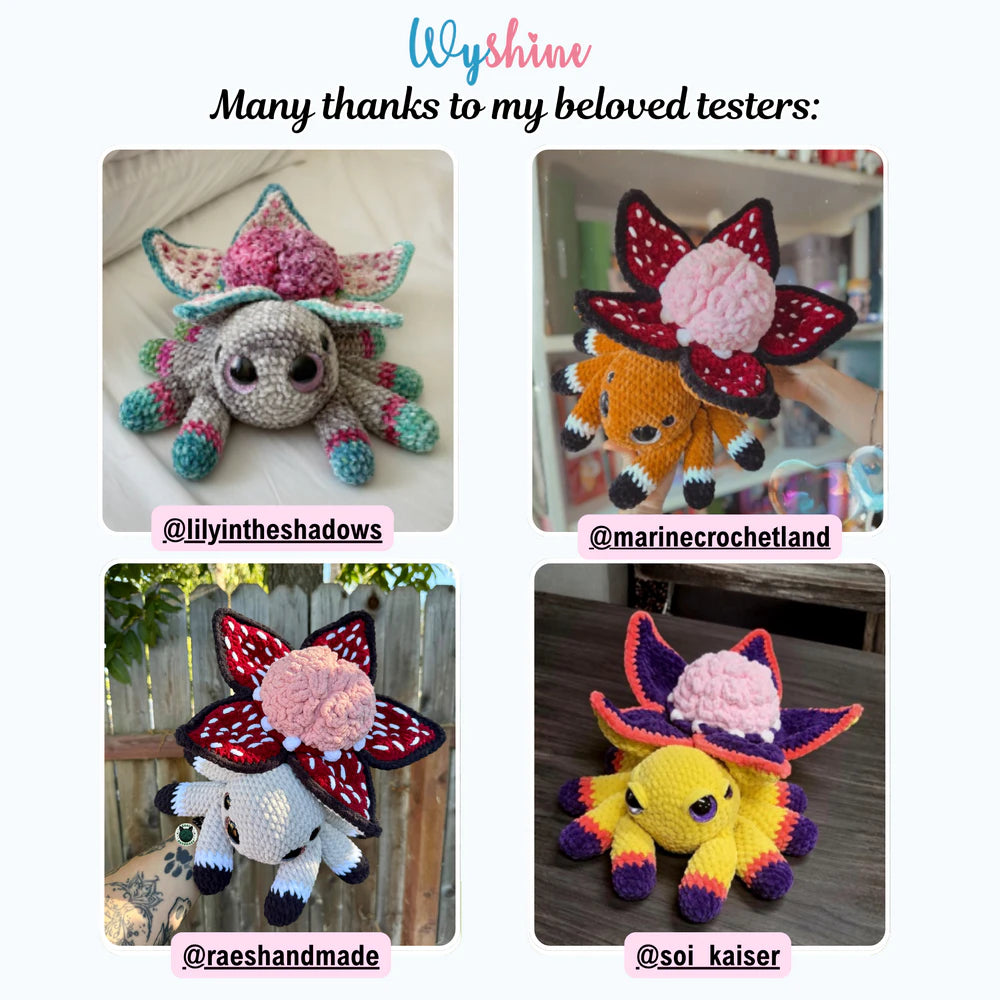 Tester showcase for Brain Flower Spider Crochet Pattern with colorful spooky cute spider versions made by multiple crochet testers
