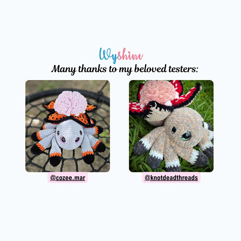  Tester showcase for Brain Flower Spider Crochet Pattern with colorful spooky cute spider versions made by multiple crochet testers
