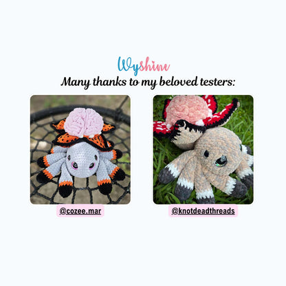  Tester showcase for Brain Flower Spider Crochet Pattern with colorful spooky cute spider versions made by multiple crochet testers

