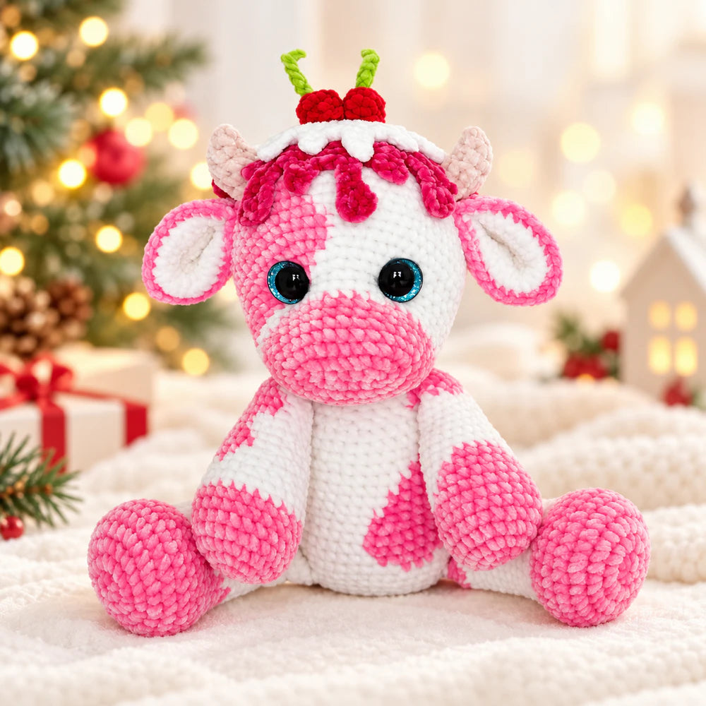 Candy Cow Crochet Pattern finished Christmas amigurumi cow plushie with pink and white body, glaze drips, and cherry topping