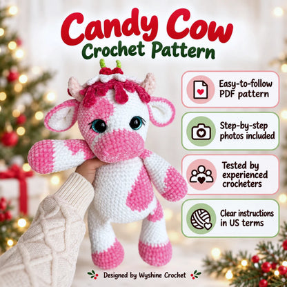 Christmas cow crochet pattern PDF with photo-guided instructions for making a sweet Candy Cow amigurumi plushie