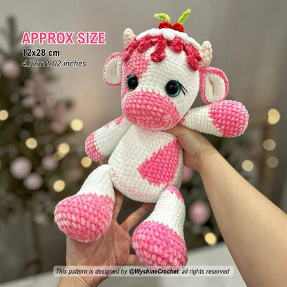 Candy Cow amigurumi pattern size reference showing finished plushie approx 12 cm by 28 cm