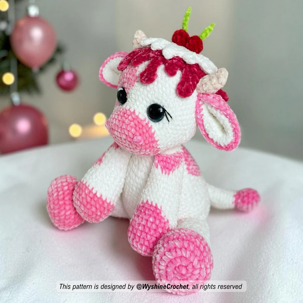 Farm animal crochet pattern featuring a sweet Candy Cow plushie for handmade Christmas gifts and holiday decor
