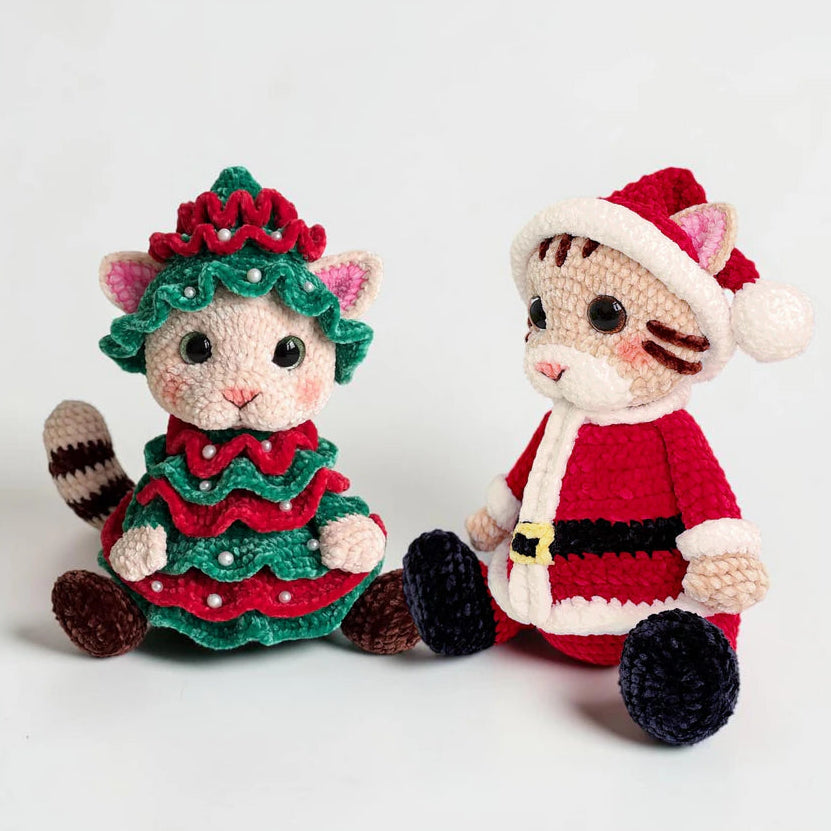Christmas Cat Couple Crochet Pattern featuring Santa Cat and Christmas Tree Cat in festive handmade amigurumi outfits