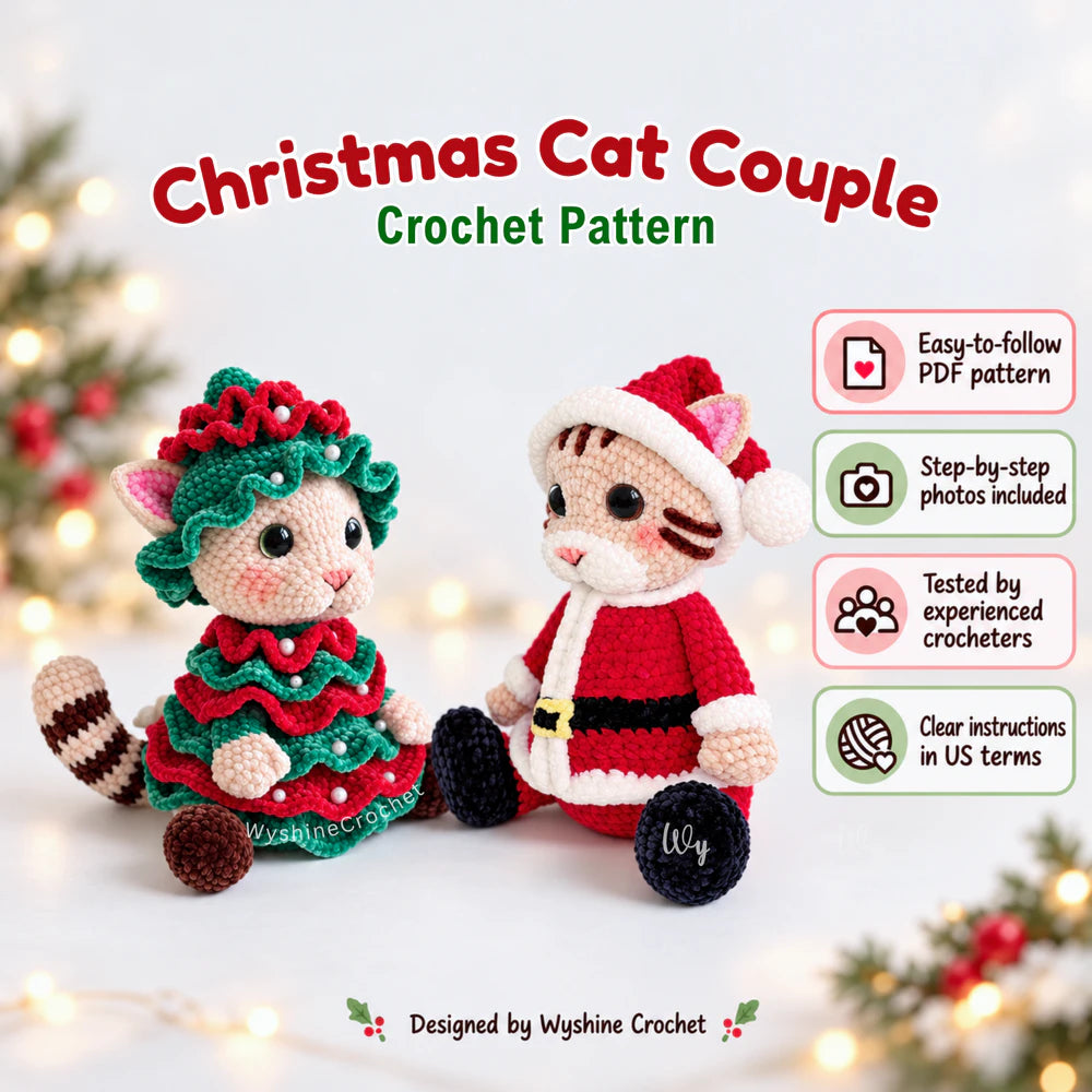 Two Christmas cat crochet pattern designs with photo-guided PDF instructions for Santa outfit and layered Christmas tree costume