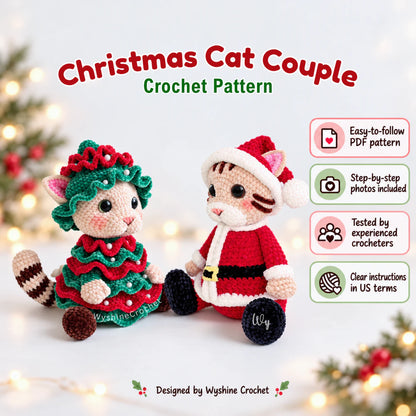 Two Christmas cat crochet pattern designs with photo-guided PDF instructions for Santa outfit and layered Christmas tree costume