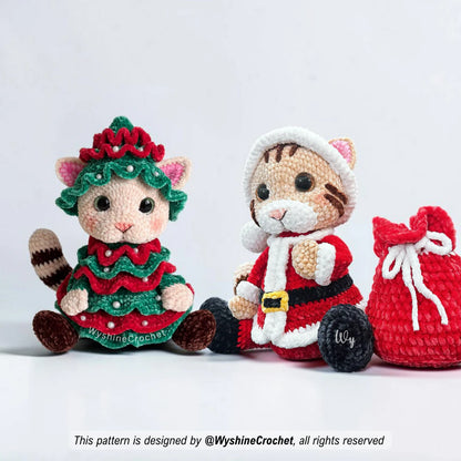 Christmas Cat Crochet Pattern Bundle with two cute holiday cat plushies in Santa Claus and Christmas tree costumes