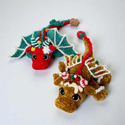 2-in-1 Christmas Dragon Crochet Pattern Bundle featuring Gingerbread Dragon and festive Christmas Dragon amigurumi