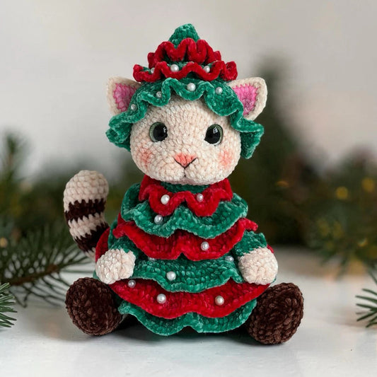 Christmas Tree Cat Crochet Pattern finished Xmas cat amigurumi plushie with green and red tree costume, cat ears, and pearl bead details
