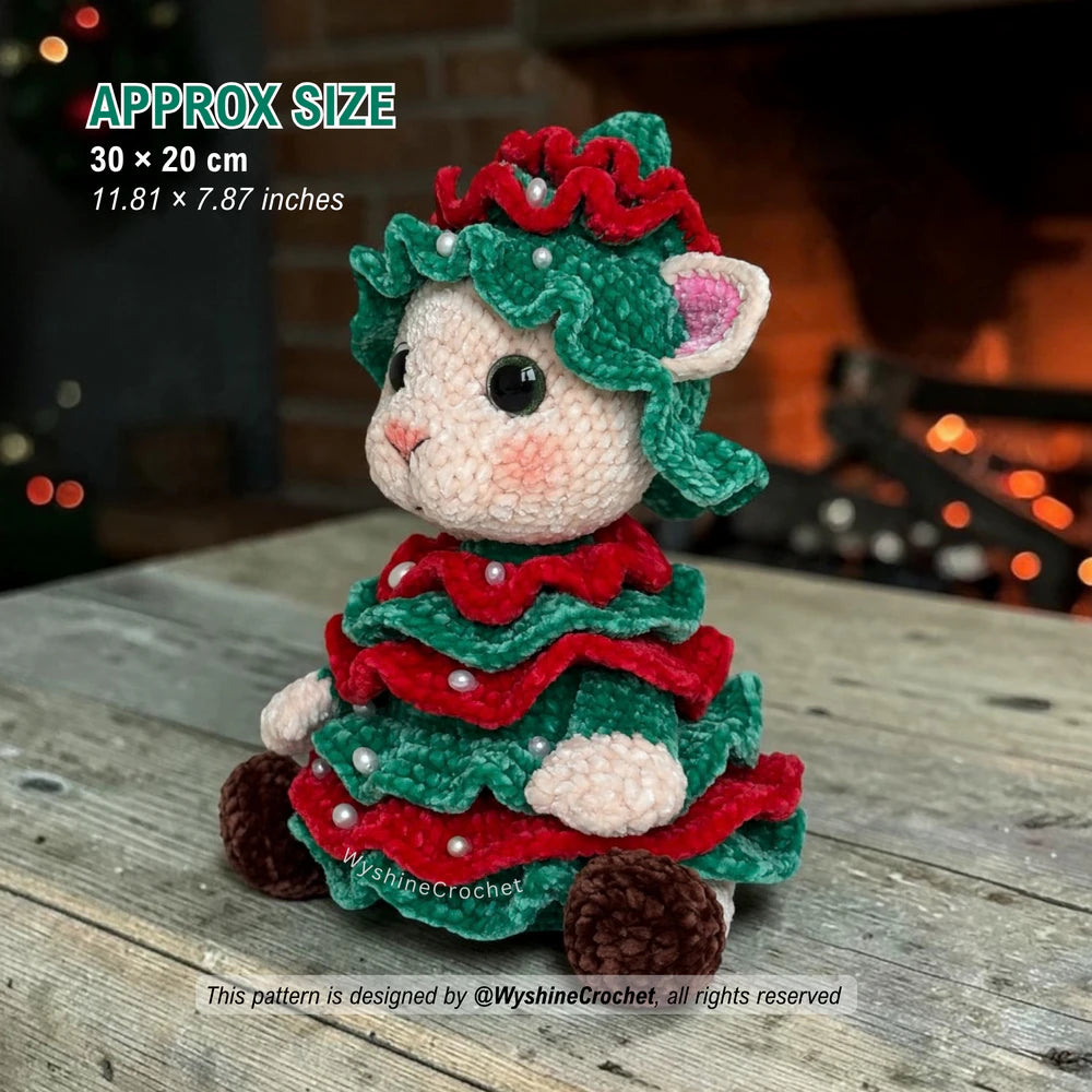 Christmas Tree Cat Crochet Pattern size reference showing finished plushie approx 30 cm by 20 cm
