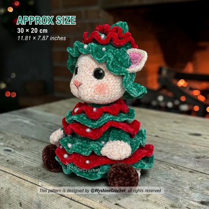 Christmas Tree Cat Crochet Pattern size reference showing finished plushie approx 30 cm by 20 cm
