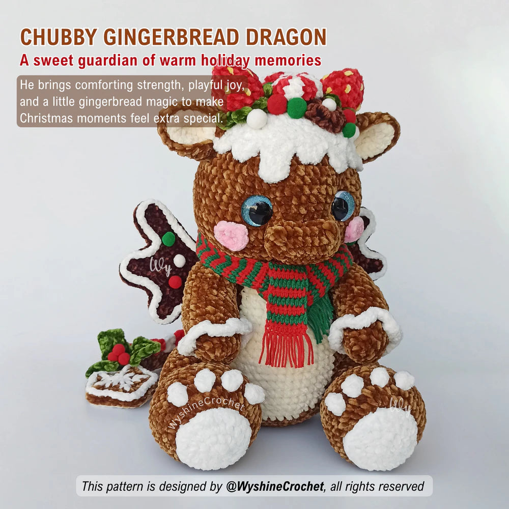 Christmas Dragon Crochet Pattern PDF showing a chubby gingerbread dragon plushie with sweet holiday decorations and cozy chenille yarn texture