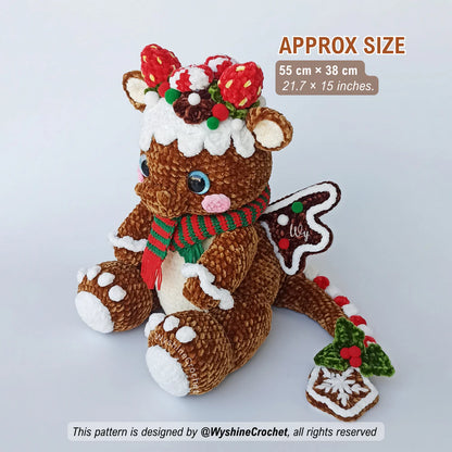 Chubby Gingerbread Dragon Crochet Pattern size reference showing approximately 55 cm length and 38 cm height