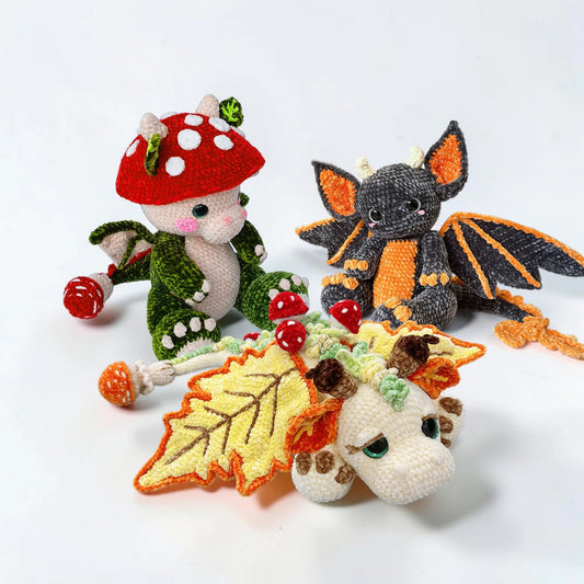 Fall Dragon Crochet Pattern Bundle featuring Fall Dragon, Baby Mushroom Dragon, and Bat Dragon amigurumi designs for autumn and Halloween decor