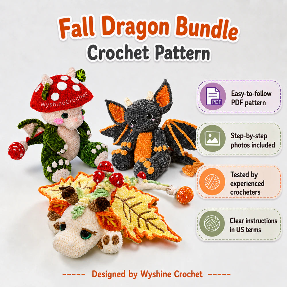 Fall Dragon Crochet Pattern Bundle feature image with 3 photo-guided PDF patterns, detailed instructions, and many step-by-step photos