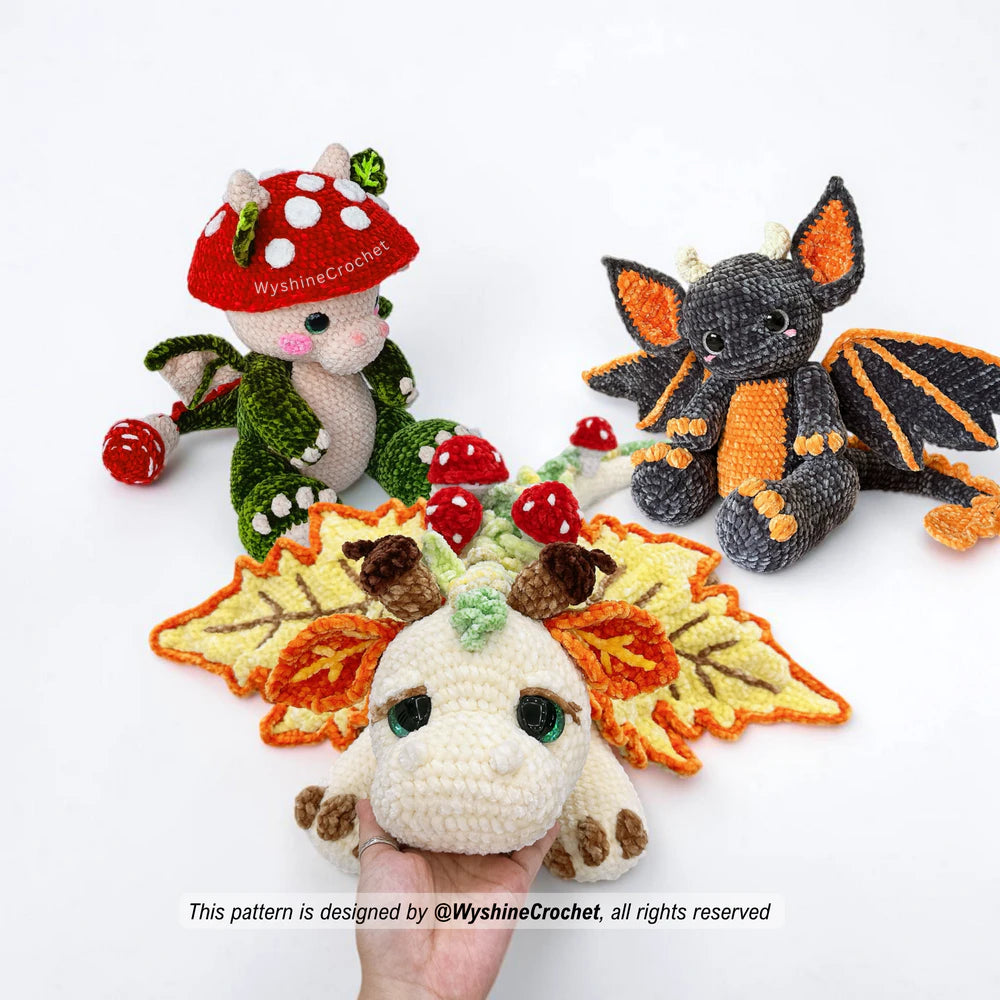 3-in-1 dragon crochet pattern bundle with Fall Dragon, Baby Mushroom Dragon, and Bat Dragon in cozy autumn fantasy style