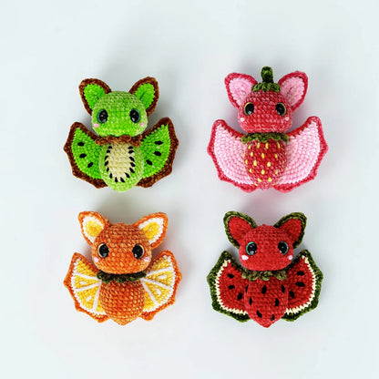 Fruit Bat Crochet Pattern Bundle featuring Orange, Strawberry, Kiwi and Watermelon Bat amigurumi designs