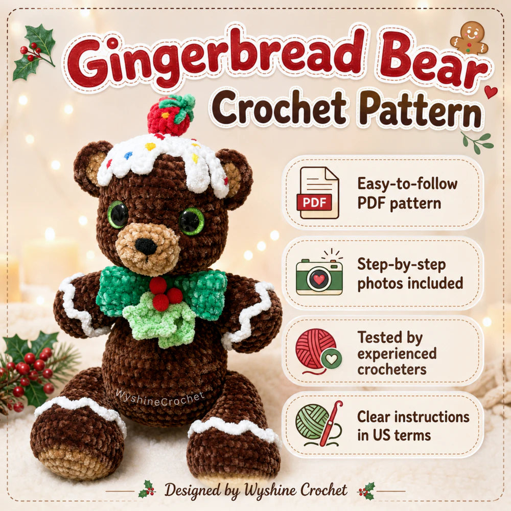 Gingerbread Bear Crochet Pattern PDF for making a sweet Christmas plushie with step-by-step photo-guided details