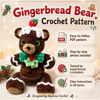 Gingerbread Bear Crochet Pattern PDF for making a sweet Christmas plushie with step-by-step photo-guided details