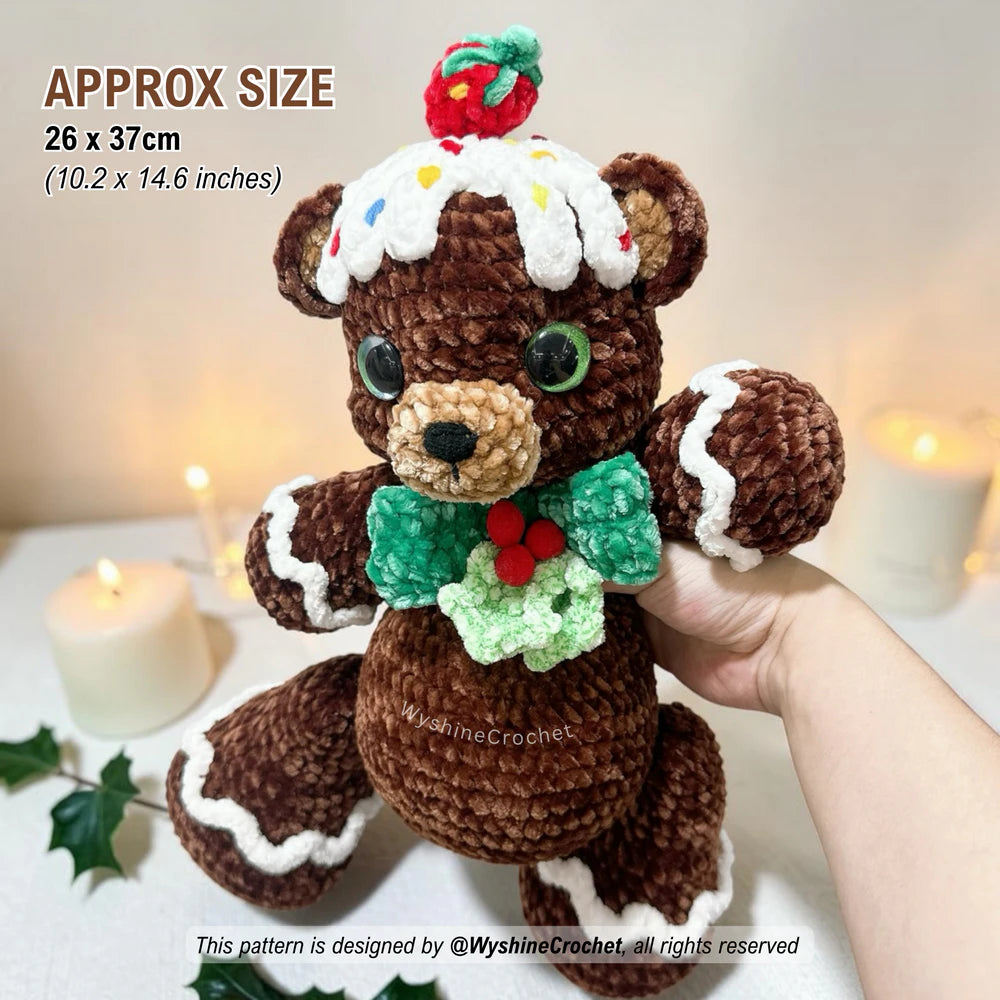 Finished Gingerbread Bear crochet plushie, approx. 37 cm tall, designed for festive Christmas displays and gifts