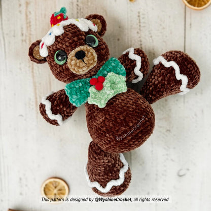 Crochet Christmas bear plushie pattern with cute gingerbread details, soft chenille texture, and holiday gift appeal