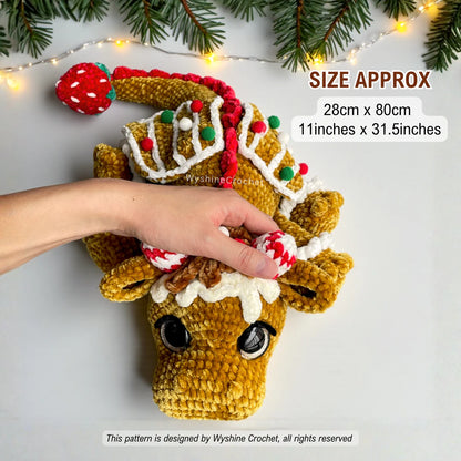 Finished Gingerbread Dragon crochet plushie size reference, approximately 28 cm by 80 cm depending on yarn, hook, and tension