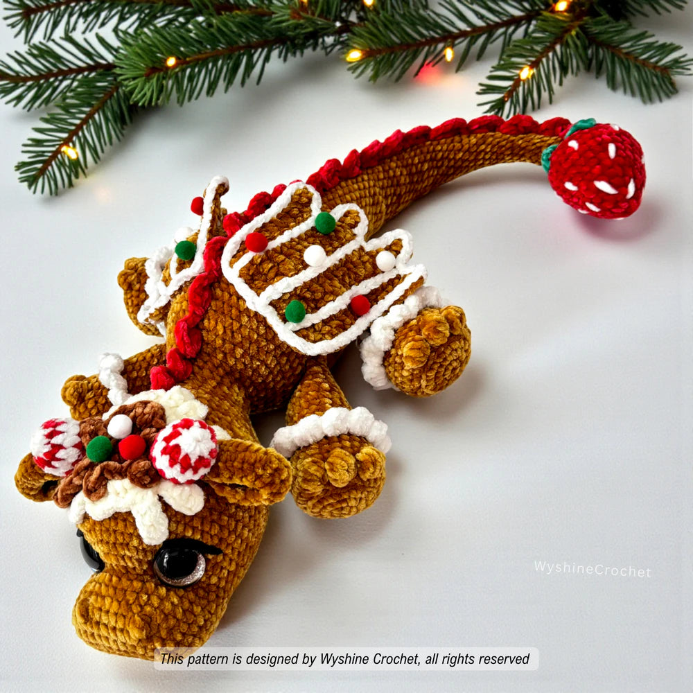 Gingerbread Dragon Crochet Pattern for festive handmade gifts, winter displays, Christmas shelves, and magical holiday crochet collections