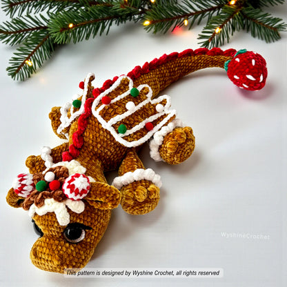 Gingerbread Dragon Crochet Pattern for festive handmade gifts, winter displays, Christmas shelves, and magical holiday crochet collections