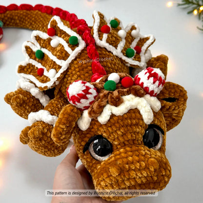 Holiday dragon crochet pattern PDF with gingerbread-inspired body, festive details, and whimsical Christmas amigurumi personality
