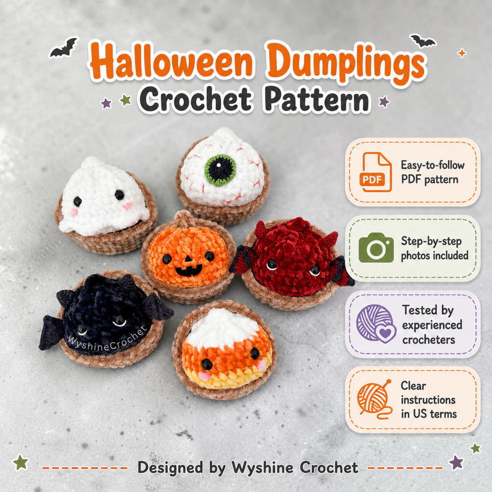 Halloween dumpling crochet pattern feature photo with Pumpkin, Ghost, Candy Corn, Eyeball, Devil, Bat, and Steamer Basket